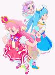  3girls ahoge blue_eyes blue_hair bow brooch crown cure_sky cure_wonderful cut_bangs detached_sleeves dress dress_bow earrings ellee-chan gloves hairband heart heart_brooch highres hirogaru_sky!_precure inukai_komugi jewelry long_hair magical_girl mini_crown miyahara_takuya multicolored_bow multicolored_clothes multicolored_hair multicolored_legwear multicolored_thighhighs multiple_girls open_mouth pink_dress pink_hair precure puffy_detached_sleeves puffy_sleeves purple_bow purple_wrist_cuffs single_sidelock smile sora_harewataru standing striped_bow twintails two-tone_hair two_side_up wing_hair_ornament wonderful_precure! yellow_hairband 