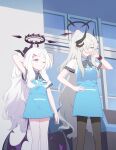  2girls absurdres angel&#039;s_24_uniform_(blue_archive) apron black_halo blanchat blue_apron blue_archive demon_horns demon_wings grin hair_ornament hairclip halo hand_on_own_face hand_on_own_hip highres hina_(blue_archive) horns looking_at_viewer makoto_(blue_archive) multiple_girls pointy_ears smile violet_eyes white_hair wings 