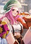  1girl anti-eyebrow_piercing bare_shoulders commentary_request eating food green_headwear hachimitsu_monte hat holding holding_food holding_pizza jewelry_bonney lips lipstick long_hair looking_at_viewer makeup one_piece pink_hair pizza red_lips signature smile solo teeth 