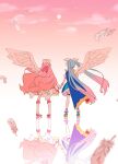  2girls absurdres blue_cape blue_hair cape cure_prism cure_sky detached_sleeves earrings feathered_wings fingerless_gloves from_behind gloves highres hirogaru_sky!_precure holding_hands jewelry long_hair magical_girl multicolored_hair multiple_girls nijigaoka_mashiro pink_hair precure ps_mssr puffy_detached_sleeves puffy_sleeves sora_harewataru twintails two-sided_cape two-sided_fabric white_gloves wing_hair_ornament wings 