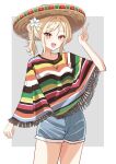  1girl blonde_hair blue_shorts flower hair_flower hair_ornament hat ilkraz_aoi looking_at_viewer love_live! love_live!_nijigasaki_high_school_idol_club medium_hair miyashita_ai open_mouth orange_eyes poncho ponytail shorts sidelocks solo sombrero standing upper_body v white_flower 