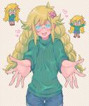  1girl basil_(faraway)_(omori) basil_(omori) bespectacled blonde_hair blue_eyes blue_shorts blush braid commission commissioner_upload denim denim_shorts flower genderswap genderswap_(mtf) glasses green_sweater hair_flower hair_ornament heart highres incoming_hug long_hair long_sleeves looking_at_viewer maromichan omori open_mouth ribbed_sweater round_eyewear shorts sidelocks skeb_commission smile solo sweater teeth twin_braids upper_teeth_only 