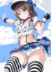  1girl abs blue_eyes breasts brown_hair clouds highres looking_at_viewer love_live! love_live!_sunshine!! midriff navel parisnoko short_hair shorts solo thighs watanabe_you water wavy_hair 