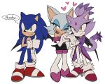  1boy 2girls animal_ears blaze_the_cat blue_eyeshadow blue_fur cat_ears cat_girl cat_tail eyeshadow forehead_jewel furry furry_female furry_male gloves green_eyes heart highres makeup multiple_girls one_eye_closed pants ponytail purple_fur red_footwear rouge_the_bat simple_background sonic_(series) sonic_the_hedgehog tail teardrop thought_bubble unneul white_background white_footwear white_fur white_gloves white_pants yellow_eyes 