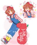  1girl :d alternate_costume animal_ears apple arle_nadja artist_name bag blue_footwear blue_overalls bow brown_hair cat_ears cat_tail character_name chika009 claw_pose cosplay cup drink drinking drinking_straw drinking_straw_in_mouth fang food fruit full_body hair_between_eyes hair_bow half_updo heart hello_kitty hello_kitty_(character) hello_kitty_(character)_(cosplay) highres holding holding_cup leaning_forward long_sleeves looking_at_viewer medium_hair multiple_views open_mouth orange_eyes overalls puyopuyo red_bag red_bow sanrio shirt shoes signature simple_background smile sneakers socks star_(symbol) striped_clothes striped_shirt tail white_background yellow_socks 