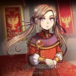  1girl artist_name banner brown_hair commentary commission edelgard_von_hresvelg english_commentary eyelashes fire_emblem fire_emblem:_three_houses gzei highres indoors long_hair looking_at_viewer own_hands_together parted_lips solo standing sunlight teeth twitter_username violet_eyes watermark 