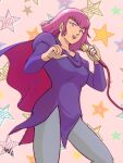  1girl cape dress from_above grey_pantyhose gundam haman_karn highres karaoke looking_at_viewer moroboshi_danshaku pantyhose pink_hair purple_cape purple_dress short_hair smile solo star_(symbol) starry_background violet_eyes zeta_gundam 