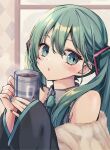  1girl blue_eyes blue_hair blush collared_shirt cup detached_sleeves drink hair_ornament hatsune_miku highres holding holding_cup long_hair long_sleeves looking_to_the_side mug nagitofuu nail_polish necktie off_shoulder parted_lips shirt sleeveless sleeveless_shirt solo steam sweater twintails upper_body vocaloid 