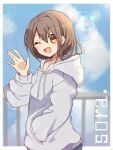  1girl blush brown_eyes brown_hair commentary day fang hand_in_pocket hand_up highres hood hood_down hoodie lens_flare long_sleeves open_mouth original outdoors rageno0000 short_hair sky smile solo waving 