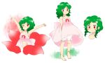  1girl alternate_costume arms_up bare_arms bare_shoulders barefoot bloomers bow closed_mouth collarbone dress flat_chest flower green_hair hair_flower hair_ornament kazami_yuuka medium_hair nonamejd official_style open_mouth pink_bloomers pink_dress red_bow red_eyes red_flower smile standing stretching touhou white_flower yawning zun_(style) 