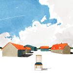  blue_sky building chair clouds contrail day highres house iida_kento no_humans original outdoors scenery sky urban wooden_chair 