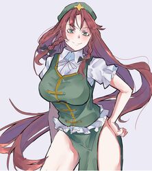  1girl braid breasts closed_mouth collared_shirt cowboy_shot green_eyes green_headwear green_vest grey_background hat_ornament highres hong_meiling kanaria_(bocmn) long_hair looking_at_viewer parted_bangs redhead shirt short_sleeves side_braids simple_background smile solo star_(symbol) star_hat_ornament touhou twin_braids very_long_hair vest white_shirt 