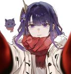 1girl blunt_bangs closed_mouth coat fur_collar genshin_impact gloves hair_ornament hands_on_another&#039;s_cheeks hands_on_another&#039;s_face hands_up kis7908992 light_blush light_smile looking_at_viewer mole mole_under_eye open_clothes open_coat pov purple_hair raiden_shogun red_gloves red_scarf scaramouche_(cat)_(genshin_impact) scaramouche_(genshin_impact) scarf simple_background solo violet_eyes white_background winter_clothes 