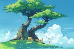  1boy animal bird blue_sky brown_shorts child clouds day deer highres original outdoors rabbit scenery shirt short_hair shorts sky taizo4282 very_short_hair white_hair white_shirt 