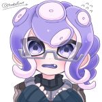  1girl artist_name blush commentary dot_nose fang glasses highres looking_at_viewer medium_hair octoling octoling_girl open_mouth purple_hair simple_background solo splatoon_(series) teeth tentacle_hair tonbofree twitter_username upper_body violet_eyes white_background 