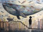  1girl artist_name building city clouds cloudy_sky fantasy flying_whale keishi_(pixiv_1245064) original outdoors painting_(medium) short_hair silhouette sky solo standing traditional_media watercolor_(medium) whale 