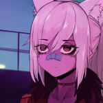  1girl animal_ear_fluff animal_ears bandaid bandaid_on_face bandaid_on_nose blade_runner_2049 close-up closed_mouth coat collarbone discordia_(vtuber) epaulettes eyelashes fox_ears fox_girl fur-trimmed_coat fur_trim goslingposting_(meme) grey_hair hair_between_eyes long_hair lowres meme ponytail railing rumi_(rumigawa31) second-party_source solo vfleet violet_eyes virtual_youtuber 