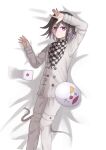  1boy absurdres arm_up buttons checkered_clothes checkered_scarf danganronpa_(series) danganronpa_v3:_killing_harmony dice double-breasted expressionless grey_jacket grey_pants hair_between_eyes hand_up highres jacket long_sleeves lying male_focus mask oma_kokichi on_back pants scarf solo unworn_mask violet_eyes wareta_ao_ringo 