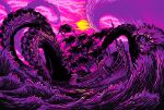  ayumu_(0413mini) cannon clouds cloudy_sky commentary_request highres kraken mast monster no_humans ocean original pink_sky purple_theme sea_monster ship sky suction_cups sun tentacles watercraft waving 
