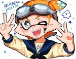  1boy bright_pupils commentary_request cropped_torso dated double_v facial_mark goggles goggles_on_head grey_eyes inkling inkling_boy one_eye_closed open_mouth orange_hair pointy_ears sailor_collar sailor_shirt shigeng0mi shirt short_hair smile solo splatoon_(series) splatoon_3 star_(symbol) star_facial_mark teeth tentacle_hair translation_request upper_body upper_teeth_only v v-shaped_eyebrows white_background white_pupils 