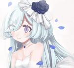  1girl blue_eyes blue_flower blue_hair blue_rose clione_myosotis dress flower happy_saint_sheol heterochromia highres long_hair looking_to_the_side no_lineart ochaocha815 petals rose rose_petals smile solo star_(symbol) symbol-shaped_pupils upper_body violet_eyes wedding_dress white_background white_dress 