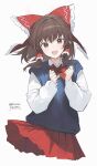  1girl blue_sweater_vest bow bowtie brown_eyes brown_hair hair_bow hair_tubes hakurei_reimu highres long_hair long_sleeves looking_at_viewer open_mouth pleated_skirt red_bow red_bowtie red_skirt shirt skirt smile solo soybean_(hisoybean) sweater_vest touhou white_shirt 