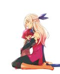  2girls aged_down black_gloves black_pants blue_ribbon blue_scarf boots closed_eyes closed_mouth commentary_request crying e8coofn0klibdx1 elbow_gloves fire_emblem fire_emblem:_radiant_dawn fire_emblem_engage gloves grey_shirt hair_ribbon highres hug long_hair micaiah_(fire_emblem) multiple_girls open_mouth orange_footwear pants profile red_shirt red_skirt redhead ribbon scarf shirt short_hair sitting skirt sleeveless sleeveless_shirt tearing_up wariza white_shirt yunaka_(fire_emblem) 