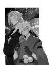  2boys absurdres black_gloves black_kimono border candy_apple caramel chest_strap closed_mouth cloud_strife final_fantasy final_fantasy_vii final_fantasy_vii_remake fireworks food gloves greyscale hair_between_eyes hair_bun hair_ornament hairclip half_updo highres japanese_clothes kimono long_hair male_focus monochrome multiple_boys parted_bangs pokashi sephiroth spiky_hair sweatdrop upper_body white_border 