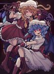  2girls ascot back_bow bat_wings blonde_hair blue_hair boots bow brown_footwear collared_shirt cross-laced_footwear crystal flandre_scarlet frilled_gloves frilled_skirt frills gloves glowing glowing_eyes hand_up hat hat_ribbon highres lace-up_boots laevatein_(touhou) looking_at_viewer medium_hair mob_cap multiple_girls pointy_ears puffy_short_sleeves puffy_sleeves red_bow red_eyes red_gloves red_skirt red_vest remilia_scarlet ribbon russian_commentary shirt short_sleeves skirt smug touhou vest white_bow white_headwear white_shirt white_skirt wings yellow_ascot 