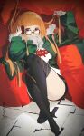  1girl absurdres ahoge behind-the-head_headphones black_shorts black_thighhighs blunt_bangs crossed_ankles cushion full_body fur-trimmed_jacket fur_trim glasses green_jacket headphones highres jacket long_hair looking_at_viewer luo29541090 no_shoes orange_hair persona persona_5 sakura_futaba shirt short_shorts shorts signature sitting solo thigh-highs thighs violet_eyes white_shirt 