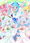  5girls :d ;) ;d absurdres akizora_(aki_precure) animal_ears arms_up blonde_hair blue_dress blue_eyes blue_hair bow bright_pupils brooch brown_eyes choker commentary cone_hair_bun cure_precious cure_puca cure_sky cure_summer cure_supreme cut_bangs delicious_party_precure detached_sleeves double_bun double_v dress earrings elbow_gloves fingerless_gloves flower gloves grey_eyes hair_bow hair_bun hair_flower hair_ornament hair_pulled_back hair_ribbon hairband hand_on_own_face hand_on_own_hip heart heart_brooch hibiscus highres hirogaru_sky!_precure in-franchise_crossover jewelry long_hair looking_at_viewer magical_girl multicolored_hair multiple_girls nagomi_yui natsuumi_manatsu one_eye_closed open_mouth pink_bow pink_choker pink_hair pink_hairband pink_sailor_collar precure precure_all_stars precure_all_stars_f preme_(precure) puca_(precure) puffy_detached_sleeves puffy_sleeves purple_hair ribbon sailor_collar single_earring sleeveless sleeveless_dress smile sora_harewataru standing strapless strapless_dress streaked_hair tropical-rouge!_precure twintails two-tone_hair two_side_up v violet_eyes w white_choker white_dress white_gloves white_hair white_pupils white_ribbon wing_brooch wing_hair_ornament 