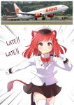  1girl aircraft airplane animal_ears black_footwear black_skirt blush bread bread_slice collared_shirt english_text food food_in_mouth gloves highres ikazu401 jacket lion_ears lion_girl lion_tail long_hair long_sleeves mouth_hold original personification photo-referenced pilot_uniform redhead running shirt shoes skirt solo tail taking_off thigh-highs toast toast_in_mouth vehicle_and_personification white_gloves white_jacket white_shirt white_thighhighs 