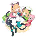  2girls animal_ear_headphones animal_ears artist_name black_footwear blonde_hair blue_archive blue_bow blush bow cat_ear_headphones cat_ears cat_tail closed_mouth commentary fake_animal_ears fake_tail green_eyes green_halo hair_bow halo handheld_game_console headphones jacket long_sleeves looking_at_viewer melanbread midori_(blue_archive) momoi_(blue_archive) multiple_girls nintendo_switch pink_eyes pink_halo red_bow short_hair siblings signature sisters smile tail twins white_jacket 