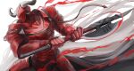  1boy absurdres arknights armor breastplate commentary_request dikaiopolis_(arknights) full_armor gauntlets helm helmet highres holding holding_weapon horns male_focus simple_background solo uryu_(uryu0329) weapon white_background 