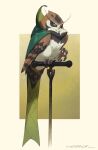  animal animal_focus artist_name bird border cape clothed_animal collar from_side full_body green_cape green_eyes highres looking_at_viewer murayama_ryouta no_humans original outside_border owl perching signature simple_background solo talons yellow_background yellow_border 