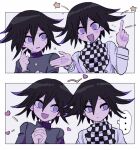  ... 2boys black_hair checkered_clothes checkered_scarf danganronpa_(series) danganronpa_v3:_killing_harmony finger_to_cheek hair_between_eyes heart highres looking_at_another looking_at_viewer looking_to_the_side male_focus multicolored_hair multiple_boys multiple_persona oma_kokichi open_mouth own_hands_together pointing pointing_up purple_hair scarf school_uniform short_hair speech_bubble spoken_ellipsis star_(symbol) straitjacket sweat two-tone_hair upper_body violet_eyes white_background wide-eyed ynyntai 