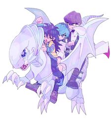  3boys arm_up black_hair blue-eyes_toon_dragon blue_eyes brothers brown_hair closed_eyes crossed_arms dragon dragon_riding flying full_body green_hair kaiba_mokuba kaiba_noah kaiba_seto long_hair looking_at_another male_focus multiple_boys open_mouth pastel_colors short_hair siblings smile white_background ynyntai yu-gi-oh! yu-gi-oh!_duel_monsters 