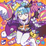  1girl blue_hair blush_stickers bow candy cartoon_bone duel_monster fang food from_above halloween halloween_bucket highres jack-o&#039;-lantern lil-la_(yu-gi-oh!) live_twin_lil-la_treat looking_at_viewer misaka_(missa) multicolored_hair open_mouth pink_hair purple_hair shoes short_twintails sleeves_past_fingers sleeves_past_wrists solo twintails violet_eyes yu-gi-oh! 