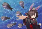  1girl :d absurdres animal_ears azur_lane black_hair black_kimono choker commentary_request diagonal_bangs fake_animal_ears fish hair_over_one_eye hands_up highres japanese_clothes jitome kimono nabemaru_(don2work) open_mouth outstretched_arm rabbit_ears red_choker red_eyes sacabambaspis sash shiranui_(azur_lane) short_hair smile solo upper_body water 