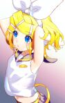  1girl arms_up bare_arms bare_shoulders blonde_hair blue_eyes bow breasts from_above gradient_background hair_ornament hairclip headband headphones headset highres kagamine_rin looking_to_the_side midriff navel out_of_frame sailor_collar sawashi_(ur-sawasi) short_hair short_shorts shorts small_breasts solo stretching swept_bangs vocaloid white_bow 