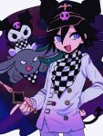  1boy absurdres black_hair checkered_clothes checkered_scarf crossover danganronpa_(series) danganronpa_v3:_killing_harmony demon_tail hair_between_eyes hand_on_own_hip hat highres kuromi looking_to_the_side male_focus multicolored_hair oma_kokichi onegai_my_melody open_mouth purple_hair ringed_eyes sanrio scarf short_hair solo_focus standing straitjacket tail two-tone_hair upper_body violet_eyes ynyntai 