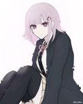  1girl black_jacket black_shirt black_thighhighs brown_skirt closed_mouth danganronpa_(series) danganronpa_2:_goodbye_despair dress_shirt from_side galaga hair_ornament highres jacket knees_up lll_shino medium_hair nanami_chiaki neck_ribbon open_clothes open_jacket pink_eyes pink_hair pink_ribbon pleated_skirt ribbon shirt skirt smile thigh-highs two-tone_shirt white_shirt 