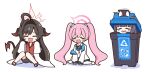  3girls achilles_(yosshyachillesd) ahoge animal_ears black_hair black_horns black_shorts black_tail blue_archive blue_necktie blush closed_eyes coat collared_shirt crying demon_horns demon_tail fake_animal_ears grey_halo hair_intakes halo highres horns in_trash_can jacket kasumi_(blue_archive) koyuki_(blue_archive) lab_coat leaf long_hair miyu_(blue_archive) multiple_girls necktie open_clothes open_coat open_mouth pantyhose pink_hair pink_halo rabbit_ears red_halo red_shirt sandals shirt shoes shorts simple_background sleeves_past_fingers sleeves_past_wrists tail trash_can twintails white_background white_coat white_footwear white_jacket white_pantyhose white_shirt 