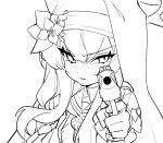  1girl angry animal_ear_headwear blue_archive coif flower frilled_sleeves frills greyscale gun habit halo handgun hat hat_flower highres holding holding_gun holding_weapon honi_(honi1010) long_hair long_sleeves looking_at_viewer mari_(blue_archive) monochrome neckerchief nun open_mouth sailor_collar simple_background solo upper_body weapon white_background 