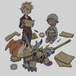  2boys blonde_hair blue_fur blue_pants brown_shirt cardboard claws closed_mouth collared_shirt creature cutting digimon digimon_(creature) gabumon grey_headwear grey_shirt grey_shorts hat head_wings holding holding_scissors ishida_yamato kneeling long_sleeves looking_at_another male_focus marker multiple_boys open_mouth orange_fur pants patamon scissors shirt short_hair shorts smile spiky_hair standing takaishi_takeru takeuchi_(rtakeuchi1535) tape white_fur wings 