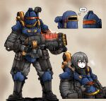 1girl among_us armor astra_militarum energy_gun grey_eyes grey_hair heavy_breathing helmet highres holding holding_helmet looking_at_viewer octosoup over_shoulder plasma_rifle power_armor purity_seal solar_auxillia solo sweat warhammer_40k weapon weapon_over_shoulder 