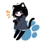  1girl :3 ahoge animal animal_ear_fluff animal_ears black_cat black_eyes black_hair black_thighhighs blush_stickers bright_pupils cat cat_ears cat_girl cat_tail closed_mouth from_side grey_hoodie holding holding_animal holding_cat hood hood_down hoodie long_hair long_sleeves looking_at_viewer looking_to_the_side megateru original paw_print paw_print_background sleeves_past_fingers sleeves_past_wrists smile solo tail tail_raised thigh-highs white_background white_pupils zettai_ryouiki 