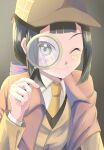 1girl absurdres beyblade beyblade_x black_hair closed_eyes detective facepaint highres holding holding_magnifying_glass light_smile looking_at_viewer magnifying_glass nanairo_multi one_eye_closed solo umikisana