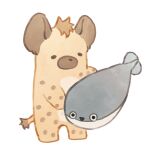  absurdres animal animal_focus black_mouth chibi commentary fish full_body highres holding holding_animal holding_fish hyena no_humans open_mouth original sacabambaspis simple_background standing toriten_(toriten20) transparent_background triangle_mouth 