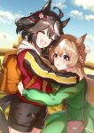  2girls absurdres animal_ears bag breasts brown_eyes brown_hair casual closed_eyes clouds commentary_request fence hair_between_eyes hair_ornament highres horse_ears horse_girl hug jacket kitasan_black_(umamusume) multiple_girls open_mouth satono_diamond_(umamusume) shorts sky sunny_(20597521) sweat umamusume 